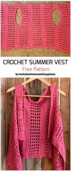 the crochet summer vest pattern is shown in pink and has holes on it