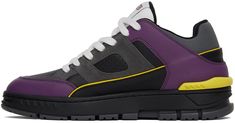 Handcrafted low-top buffed leather, suede, and canvas sneakers in black, purple, and gray. · Perforated detailing throughout · Lace-up closure · Logo patch at padded tongue · Padded collar · Gold-tone logo stamp at outer side · Mesh lining · Logo embossed at textured rubber midsole · Treaded rubber sole Supplier color: Black/Purple Modern Purple Sneakers For Streetwear, Modern Purple High-top Sneakers, Modern Purple Leather Sneakers, Leather High-top Sneakers With Rubber Sole In Purple, Sporty Purple Leather High-top Sneakers, Purple Sneakers With Vibram Sole For Streetwear, Purple Streetwear Sneakers With Vibram Sole, Purple Leather Skate Shoes With Rubber Sole, Purple Sneakers With Studded Outsoles For Streetwear