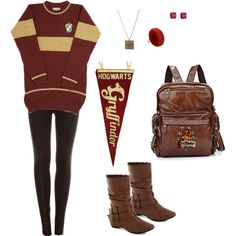 a woman wearing brown boots and a red sweater with hogwarts pennant on it