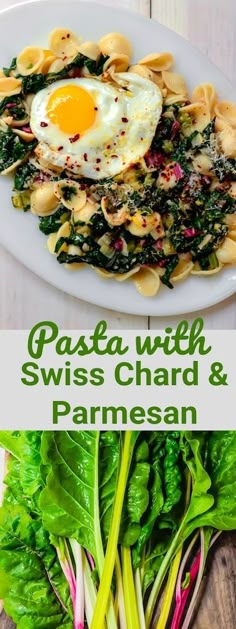 pasta with swiss chard and parmesan on a white plate next to greens