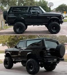 two pictures side by side of a black truck with large tires and big wheels on the front