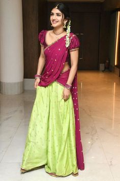 Telugu Half Saree, Sreeleela Actress, Half Saree Stills, Saree Stills, Half Saree Designs, Saree Photoshoot, Indian Bridal Outfits, Saree Trends, Indian Wedding Outfits