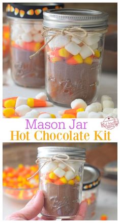 mason jar hot chocolate kit with marshmallows and candy corn in the jar