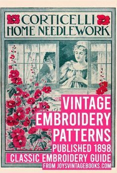 an old book cover with red flowers and the words vintage embroidery patterns written on it