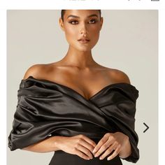 Size M Glamorous Black Draped Dress, Formal Black Dress With Draped Sleeves, Black Draped Glamorous Dress, Black Draped Dress With Ruffles, Black Dresses With Draped Sleeves For Gala, Black Draped Satin Dress, Black Satin Dress With Draped Sleeves, Black Draped Dress With Draped Sleeves, Chic Black Draped Dresses