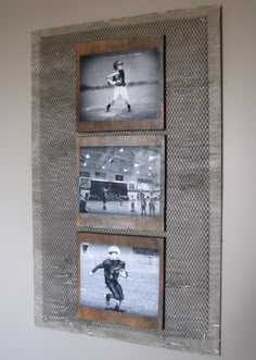 three pictures are hanging on the wall in front of a baseball player's uniform