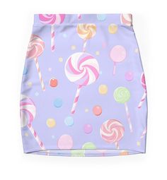 Super stretchy and durable polyester mini skirt. Vibrant, high-quality sublimation print across the front and back. Size range XXS-2XL. a pattern of lollipops on a purple background. The lollipops are all different colors, including red, yellow, blue, green, and orange. They are arranged in a random order, but there are no visible seams or gaps between them. The overall effect is a sweet and playful Gumdrop Candy, Candy Clothes, Pink Mini Skirt, Purple Background, Pink Mini, Candy Land, Purple Backgrounds, Skirt Design, A Pattern