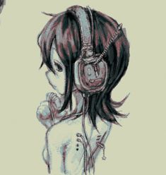 a drawing of a girl with headphones on