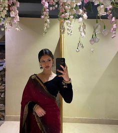 Black Saree Ideas, Nepali Saree, Red And Black Saree, Natural Makeup Glam, Saree Farewell, Black And Red Saree, Nepali Girl, Saree Ideas, Desi Dress