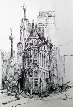 a black and white drawing of a building in the middle of a city with tall buildings