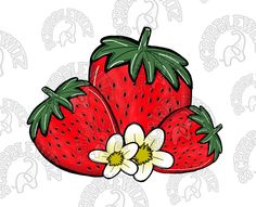 three strawberries with two flowers on them