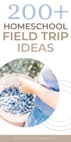 a person holding a bucket full of blueberries with the words 200 + homeschool field trip ideas