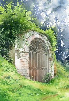 a painting of an old gate in the grass