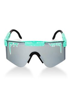 a pair of sunglasses with black and green trimmings on the sides, one light blue