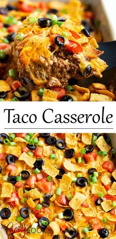 taco casserole with black olives, peppers and cheese