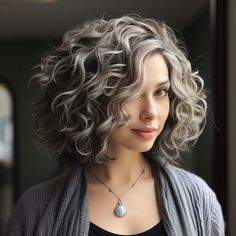 29 Gray Bobs Hairstyle to make you a Show stopper Curly Bob Grey Hair, Gray Highlights On Curly Hair, Shoulder Length Curly Gray Hair Over 50, Grey Transition Hair Highlights Dark Hair, Curly Hair Gray Highlights, Curly Hair Grey Blending, Gray And Silver Highlights On Brown Hair, Short Gray Curly Hairstyles