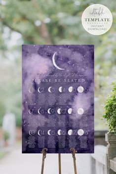 an easel with a poster on it that says phases of the moon and stars