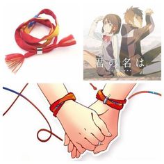 an anime character holding hands with two different bracelets