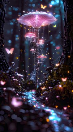 a pink umbrella in the middle of a forest with butterflies flying around it at night