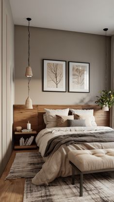 a bedroom with a bed and two pictures on the wall above it, along with a rug