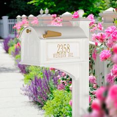 a white mailbox sitting on the side of a road next to pink and purple flowers