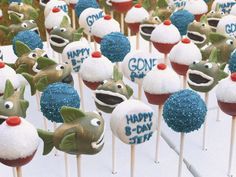 there are many cake pops that have been made to look like cartoon characters on them