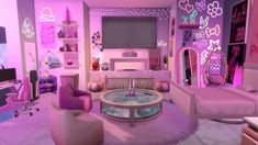 a living room filled with furniture and pink walls