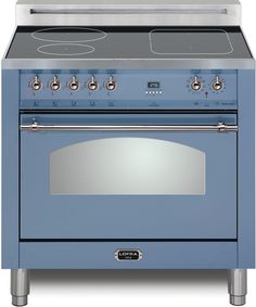 a blue stove top oven with two burners and one door on the front side