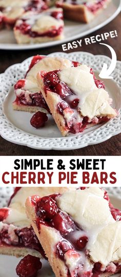 two plates with slices of cherry pie bars on them