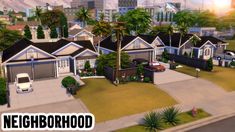 an image of a neighborhood with cars parked in front of it and palm trees on the other side