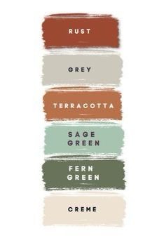 four different shades of paint with the words rust, grey, terracotta, sage green and fern green