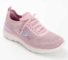 Set your own pace in these instantly comfy, ready-for-anything sneakers from Skechers. Fixed laces and a Stretch Fit knit upper let the stylishly versatile athletic style slip right on, supporting your most active (or chill) moments with the memory foam cushioning you crave.  Ready for a refresh? This sporty style goes right in the washing machine! From Skechers. Comfortable Pink Sneakers With Arch Support, Elastic Lace-up Running Shoes For Light Exercise, Slip-resistant Comfortable Sneakers For Light Exercise, Comfortable Slip-resistant Sneakers For Light Exercise, Pink Lace-up Walking Shoes For Athleisure, Pink Lace-up Athleisure Walking Shoes, Pink Lace-up Sneakers With Arch Support, Comfortable Sneakers With Elastic Laces For Light Sports, Comfortable Sneakers For Light Sports With Elastic Laces