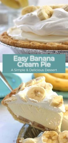 easy banana cream pie on a plate with bananas