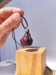 a hand holding a small piece of fruit on top of a wooden stand with a string