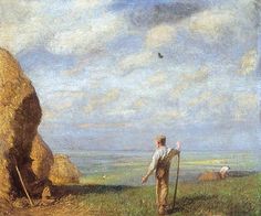 a painting of a man standing next to a pile of hay