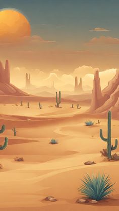 a desert scene with cactuses and mountains in the background