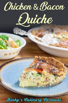 chicken and bacon quiche on a blue plate