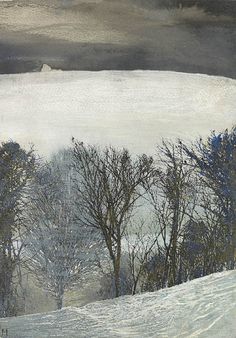 a painting of trees and snow on a snowy hill with dark clouds in the background