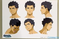 an anime character's face with different facial expressions and haircuts, from front to back