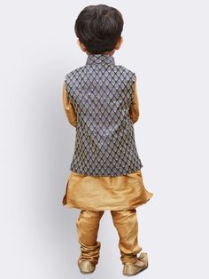 JBN CREATION Boys' Gold Silk Cotton Blend Kurta, Waistcoat and Pyjama Set Dress your little man in style with this elegant kurta set. The gold silk cotton blend fabric is soft and comfortable, perfect for special occasions. Features: Golden kurta, waistcoat, and pyjama set Mandarin collar for a classic look Full sleeves for added warmth Comfortable elasticated pyjama waistband Specifications Material: Silk Blend Sleeve Length: Long Sleeves Sleeve Length - Long Sleeves Top Shape - Straight Top He Kurta Set With Jacket, Stylish Kurta, Cotton Art, Maha Shivratri, Ethnic Dresses, West New York, Boys Kurta, Kurta Pyjama, Nehru Jacket