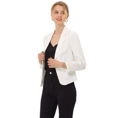 Create a modern sleek look even at the office with this stunning cropped blazer jacket. This smart collarless blazer features an angled hem which is shorter in the back for a fashionably cool look. An open-front design for showing your amazing top inside. The jacket offers a versatile piece for effortless layering looks. Pair it with jeans and sneakers for a casual look. Filled with contemporary takes on classic summer prints, great for office and causal wear, both professional and fashionable. Trendy Tailored Cropped Jacket For Office, Tailored Trendy Cropped Jacket For Work, Trendy Tailored Cropped Jacket For Work, Trendy Cropped Blazer For Work, Trendy Cropped Formal Blazer, Trendy Cropped Blazer For Formal Occasions, Trendy Fitted Cropped Jacket For Formal Occasions, Semi-formal Cropped Blazer For Spring, Semi-formal Cropped Spring Blazer