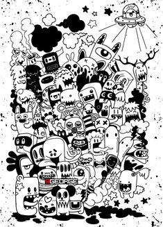 black and white drawing of many cartoon characters