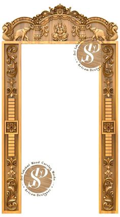 an ornate gold frame with two stamps on the front and bottom, in white background