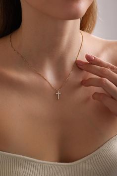 Sterling Silver Cross Necklace, Dainty Cross Pendant, Cubic Zirconia Cross Necklace, Gift Cross Pendant, Religious Charms, Christian Gifts 14k Gold Dainty Cross Necklace , Cross Necklace , Handmade Jewelry , Cross Necklace For Woman , Christmas Gift, Christening gift ♡ The diamond cross necklace is a stunning piece of jewelry that combines the timeless symbol of faith with the beauty and elegance of diamonds. Crafted with precision and care, this necklace features a sparkling cross pendant adorned with high-quality diamonds that catch the light and shimmer from every angle. Its classic design makes it a versatile accessory that can be worn with anything, from a casual outfit to a formal gown. It's the perfect gift for someone special, whether to celebrate a religious milestone or to add a Gold Cross Necklace For Women, Cross Pendant Necklace Woman, Gold Chain For Women, Jewelry Cross Necklace, Diamond Cross Necklace Gold, Tiny Cross Necklace, Dainty Cross Necklace, Diamond Cross Necklace, Jewelry Cross