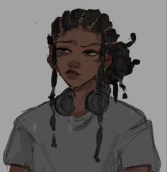 a drawing of a woman with headphones on her ears and hair in dreadlocks