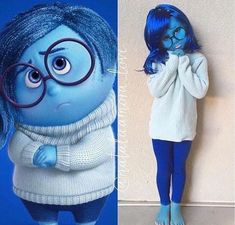 an image of a woman with blue hair and glasses in the same photo as a cartoon character