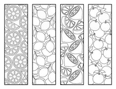 three bookmarks with fruit on them in black and white