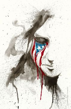 a woman's face painted in the colors of the american flag and dripping paint