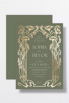 an elegant wedding card with gold foil on the front and green back, featuring flowers