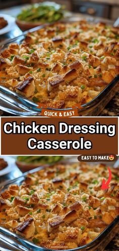 chicken dressing casserole with text overlay